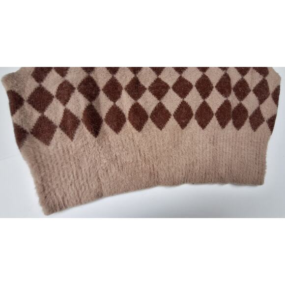 Sincerely Jules Fuzzy V neck Argyle Sweater Vest Brown Tan Size M Academia - Picture 8 of 8